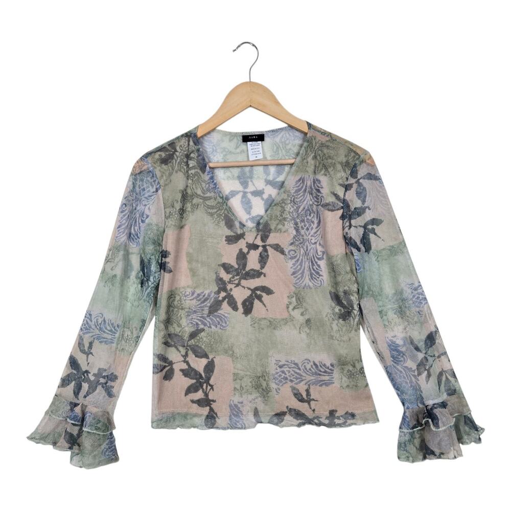 Y2K Aura Mesh Ruffle Sleeve Top XL* Watercolor Fairycore Grunge Pastel Goth Boho